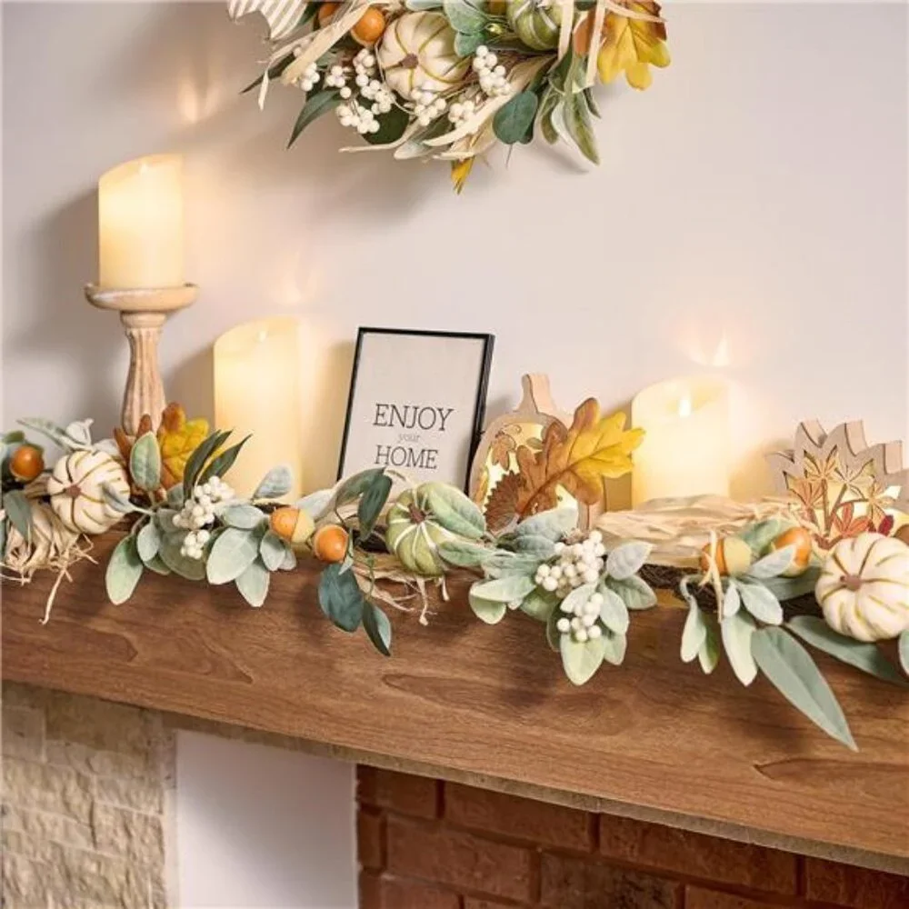 6ft Fall Garland with‎ Pumpkins & Lights for Mantel, Autumn Thanksgiving Decor